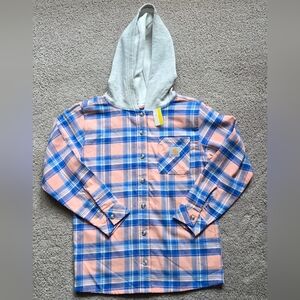 NWOT Carhartt Girls Long Sleeve Coral & Blue Flannel With Fleece Hood Size L 12